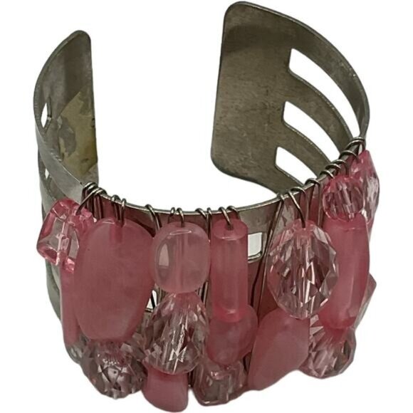 Vintage Silver Cuff Bracelet With Pink Gemstone Beads & Wire Detailing - Picture 6 of 6
